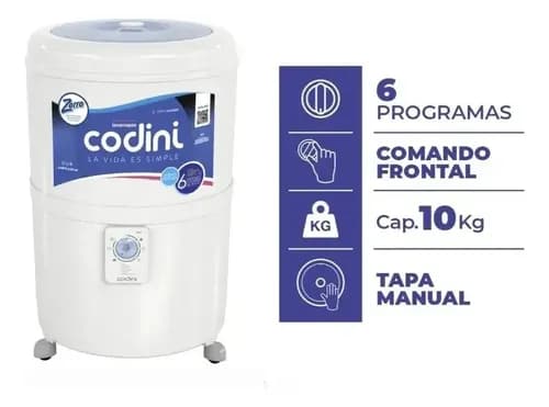 Lavarropas Codini Silent 10kg 6 Programas Blanco