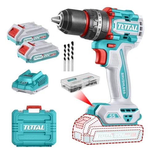 Taladro Percutor Y Atornillador Inalámbrico Total, Industrial, Motor Sin Carbones - Mandril 13mm, 55nm - Con 2 Baterías 2.0ah Litio-ion, Cargador, Maletín, Mechas Y Puntas - Tidli20558